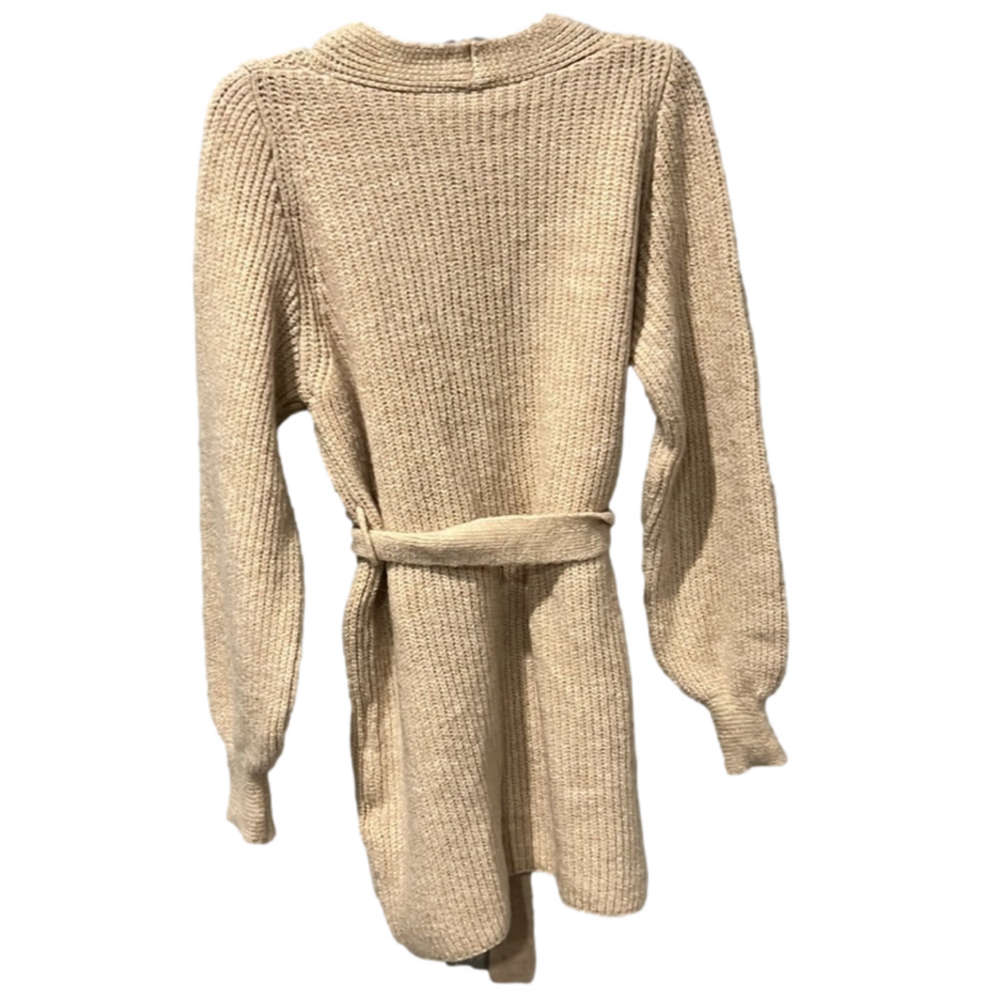Topshop Cardigan Sweater Tan Knit Belted Waist Blouson Sleeve Size 12 - Picture 3 of 5